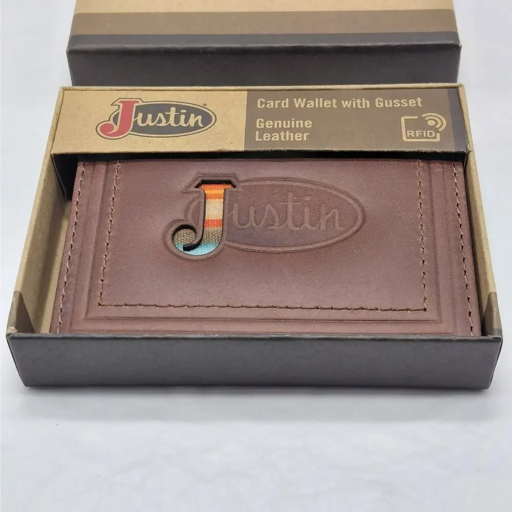 Justin Genuine Leather Card Wallet with Gusset Brown Western Logo Gift Boxed